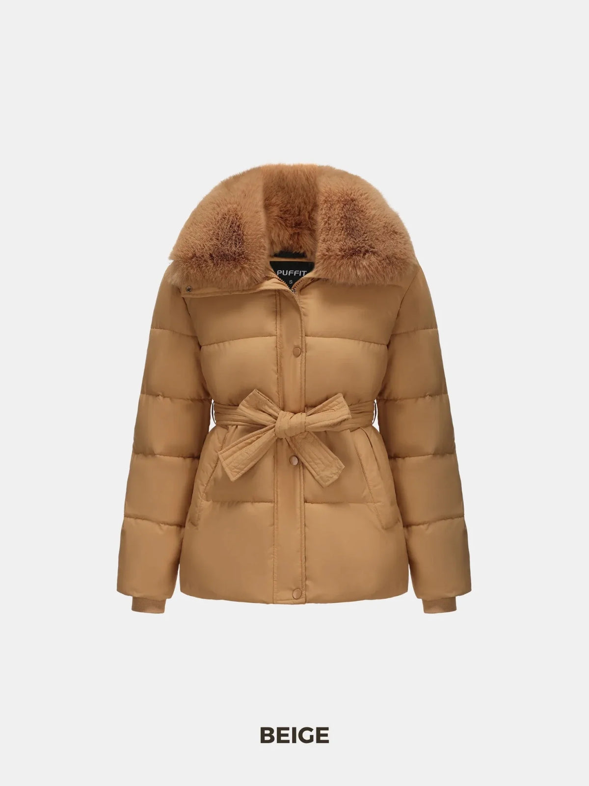 PUFFLT Beige Detachable Faux Fur Collar Puffer With Belt