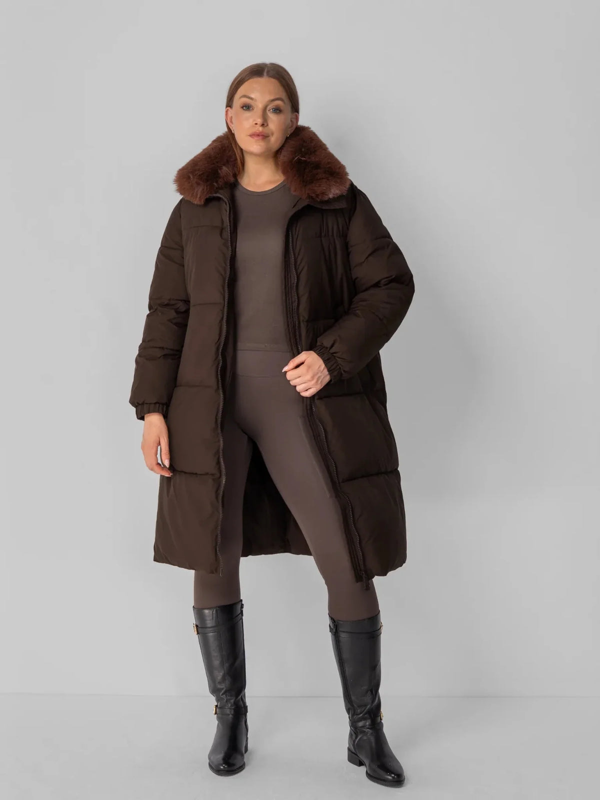PUFFLT Faux Fur Collar Long Puffer Jacket