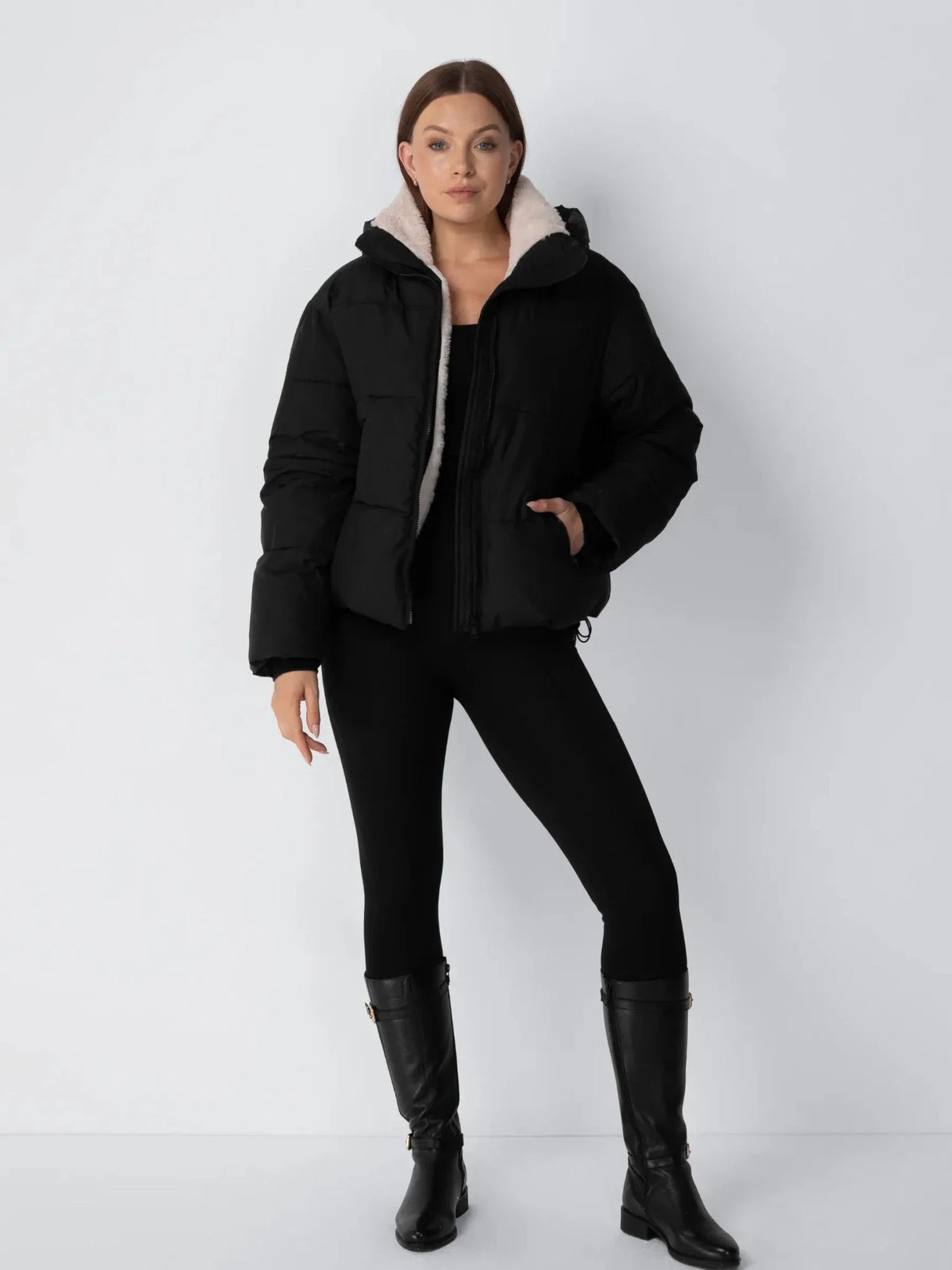 PUFFLT Faux Fur Lined Detachable Hooded Short Puffer Jacket