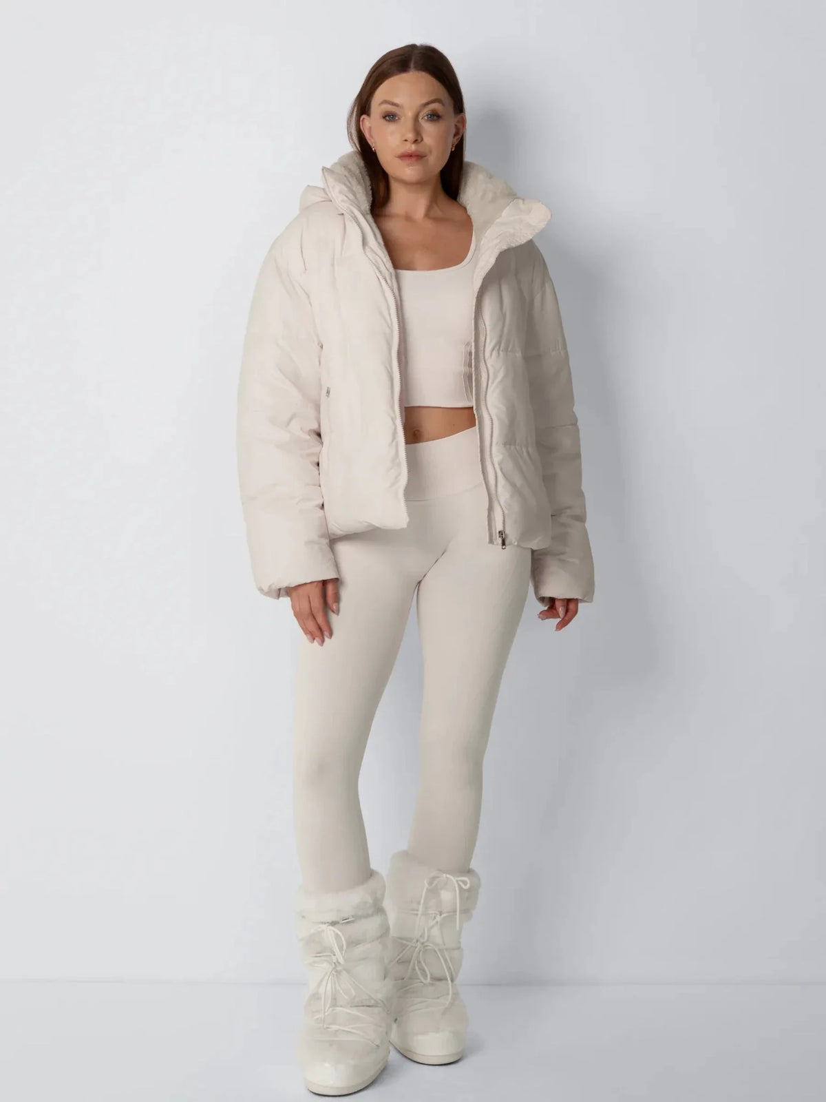 PUFFLT Faux Fur Lined Detachable Hooded Short Puffer Jacket