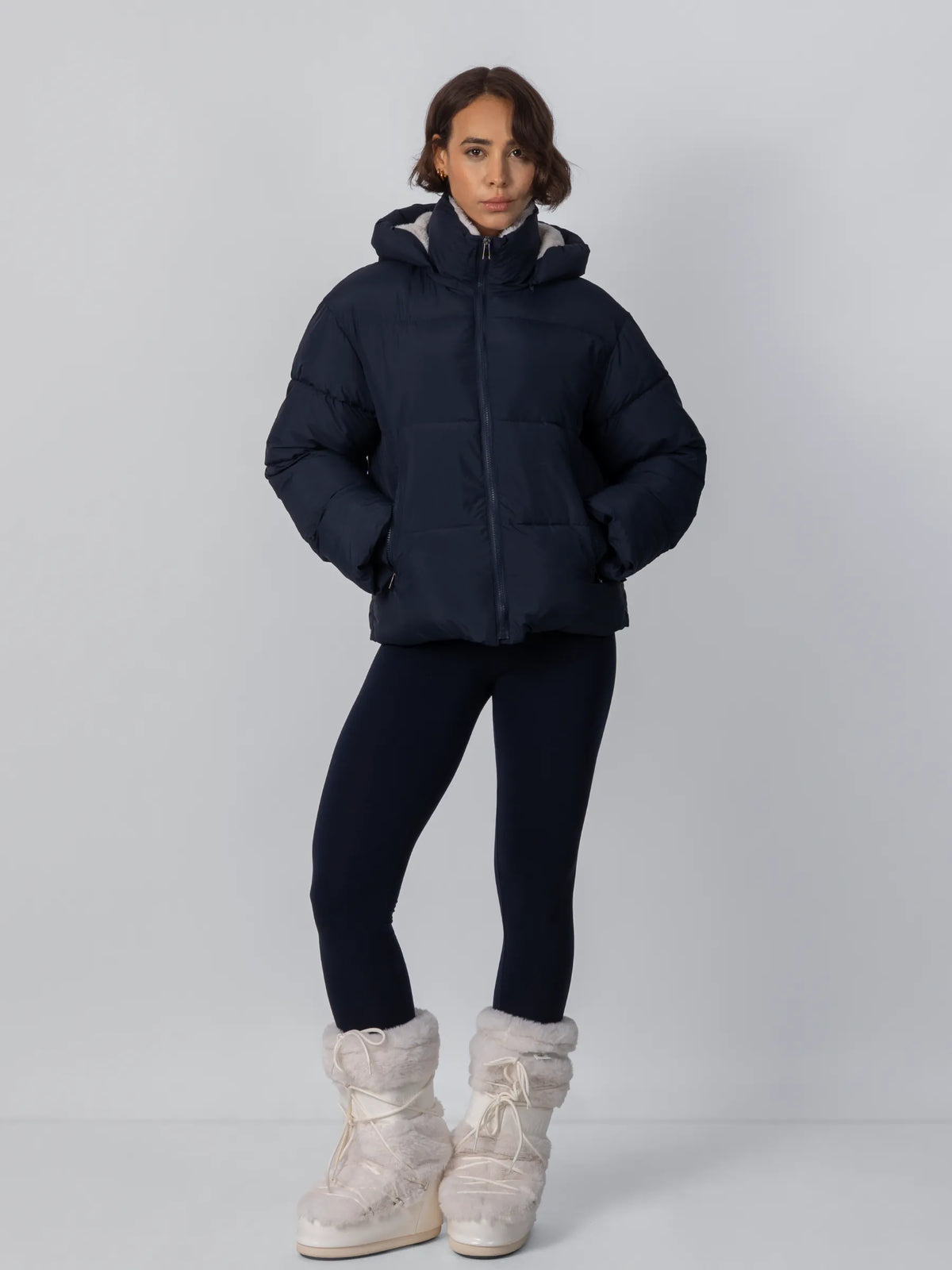 PUFFLT Faux Fur Lined Detachable Hooded Short Puffer Jacket