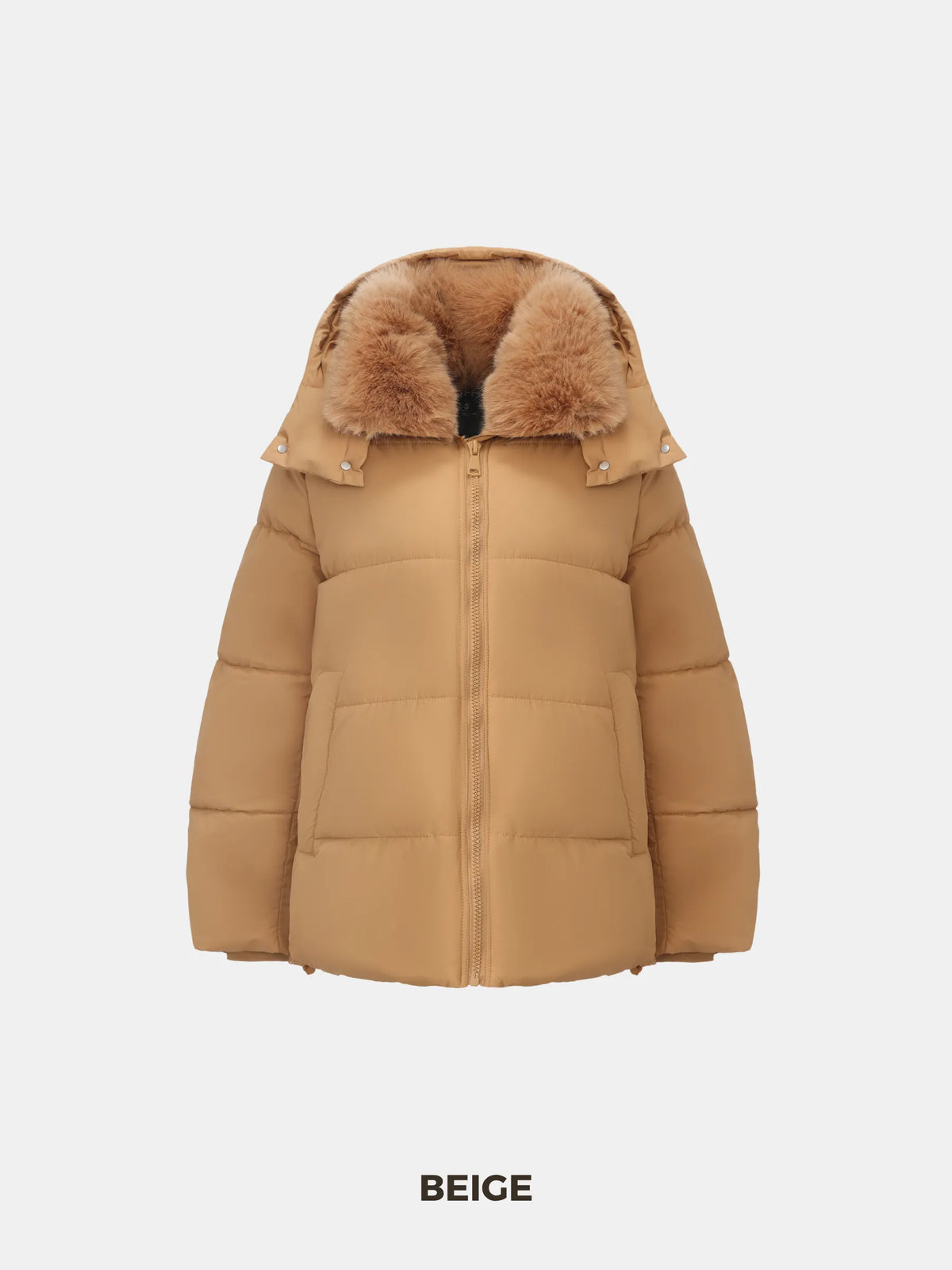 PUFFLT Detachable Faux Fur Collar Hooded Puffer