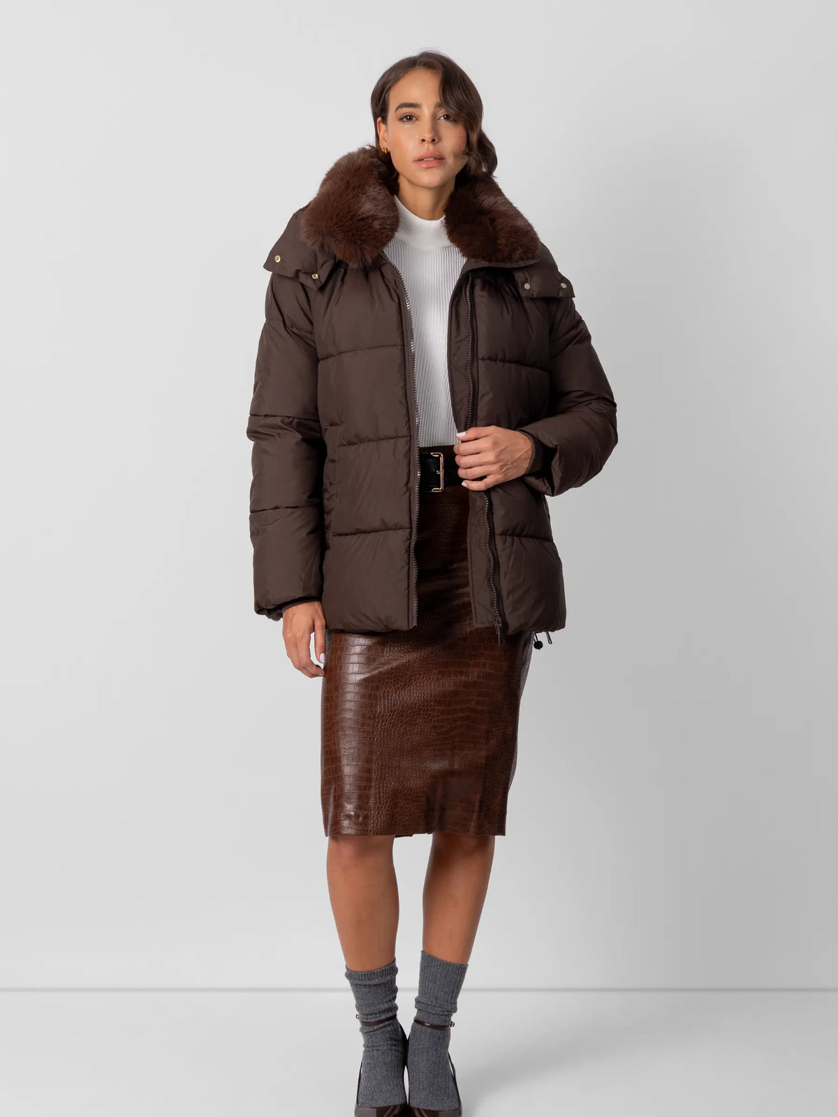PUFFLT Detachable Faux Fur Collar Hooded Puffer