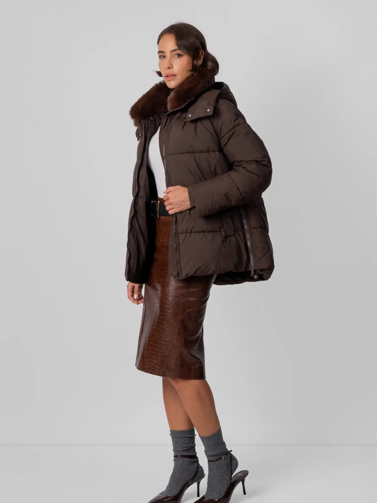 PUFFLT Detachable Faux Fur Collar Hooded Puffer