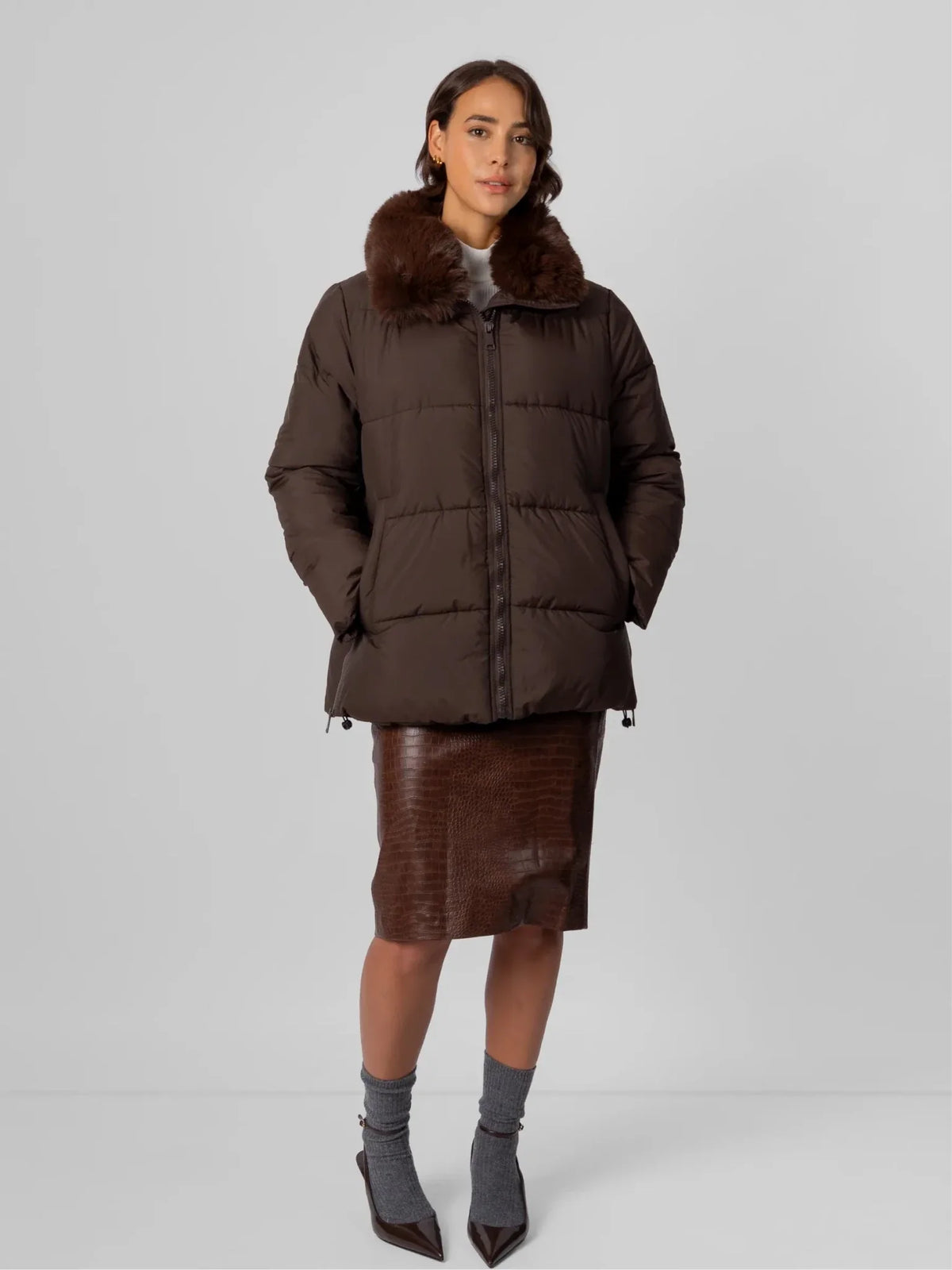 PUFFLT Detachable Faux Fur Collar Hooded Puffer