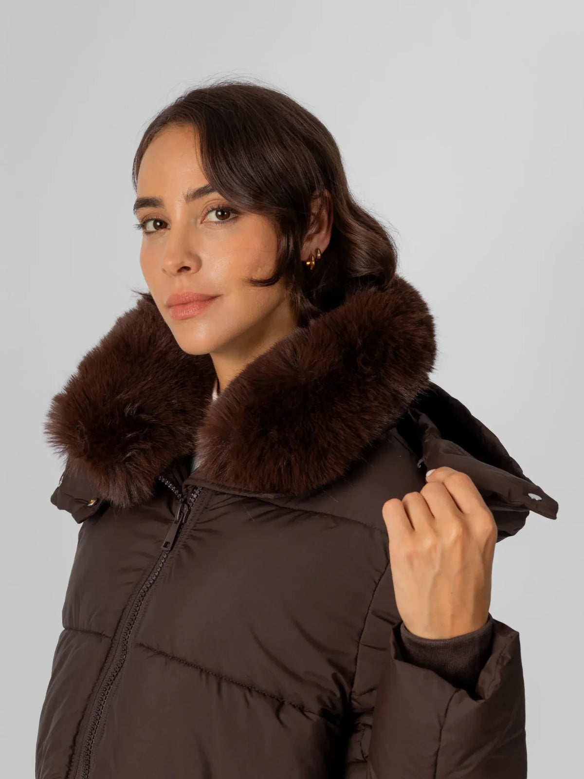 PUFFLT Detachable Faux Fur Collar Hooded Puffer