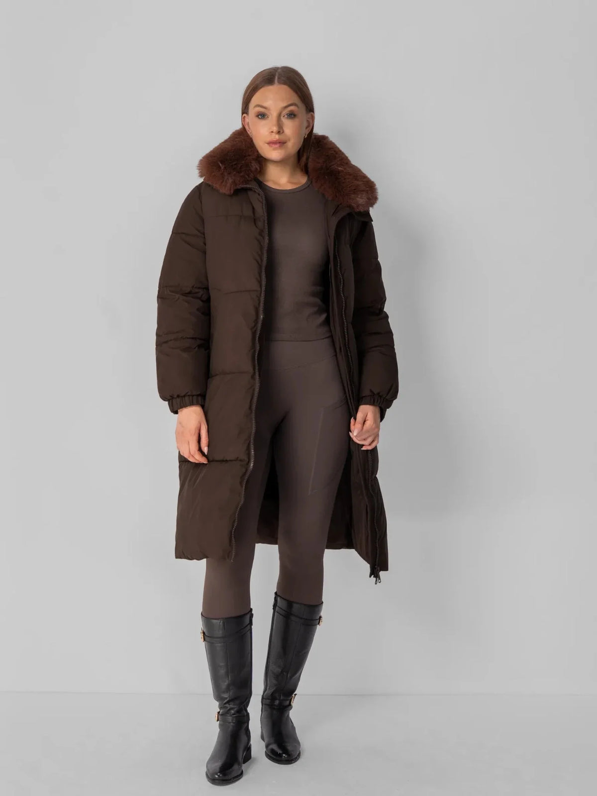 PUFFLT Faux Fur Collar Long Puffer Jacket