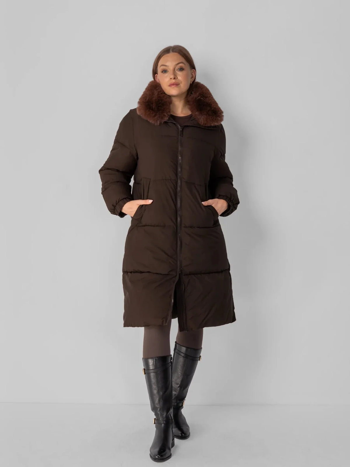 PUFFLT Faux Fur Collar Long Puffer Jacket