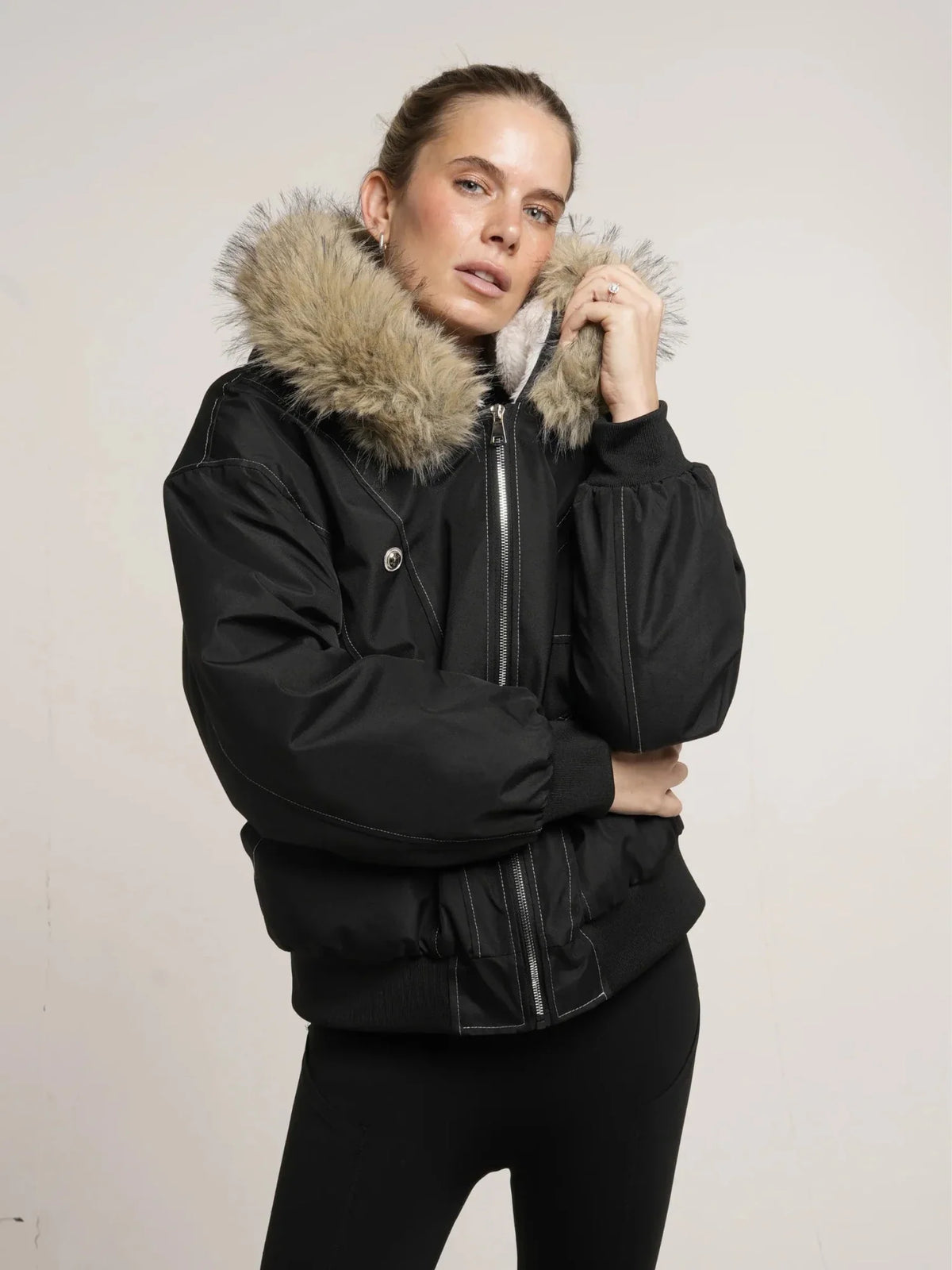 PUFFLT Faux Fur Lined And Trim Bomber Jacket