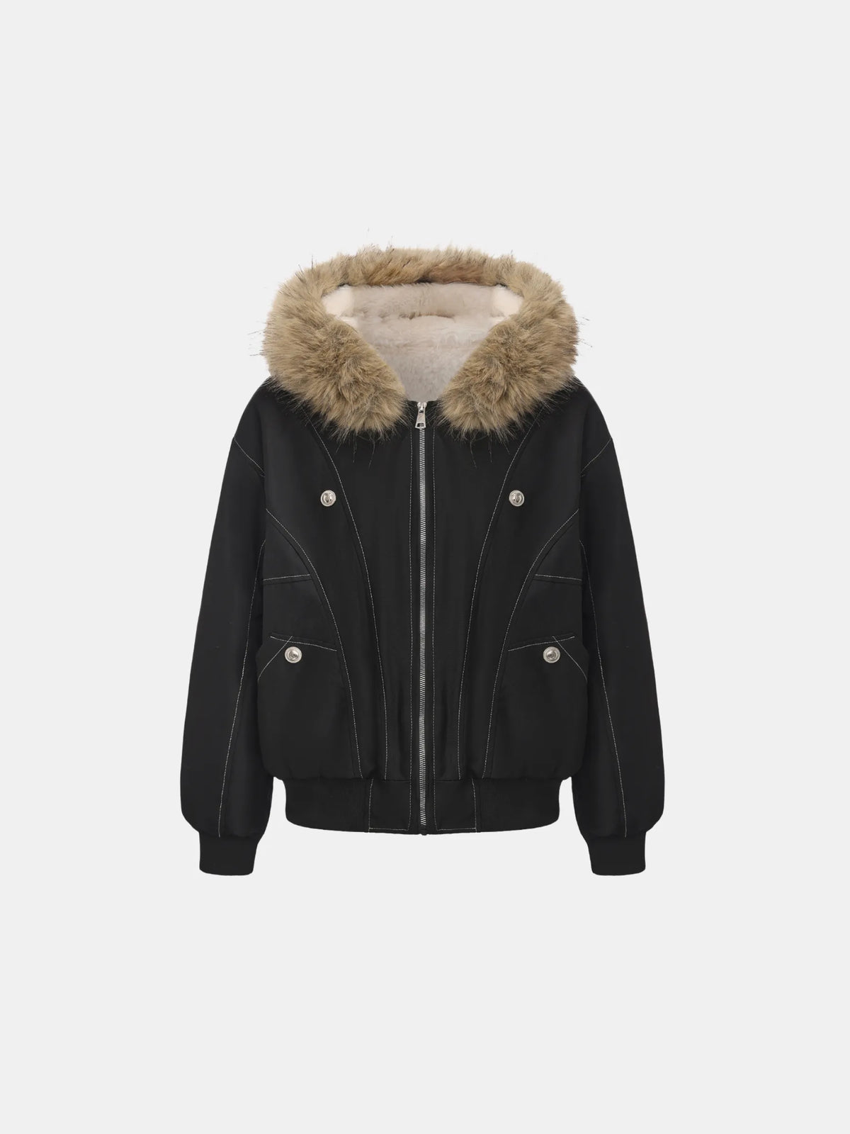 PUFFLT Faux Fur Lined And Trim Bomber Jacket