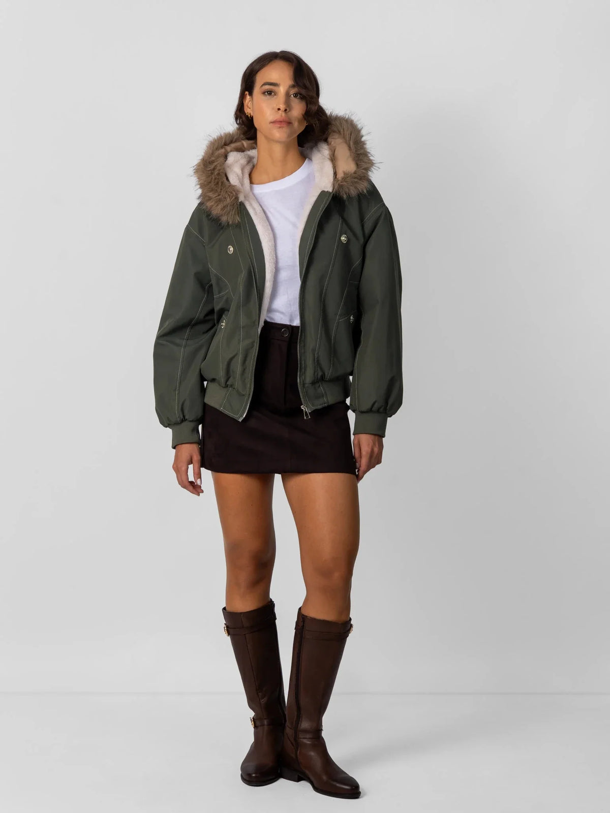 PUFFLT Faux Fur Lined And Trim Bomber Jacket