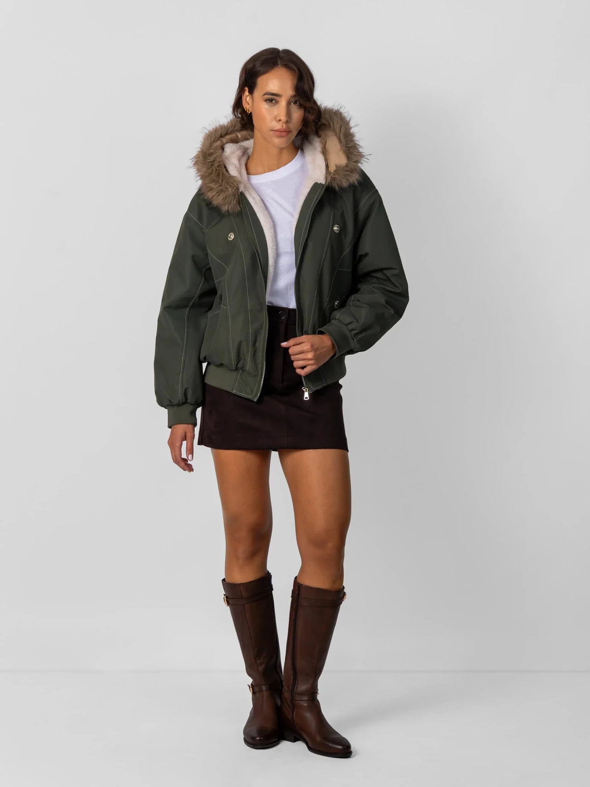 PUFFLT Faux Fur Lined And Trim Bomber Jacket