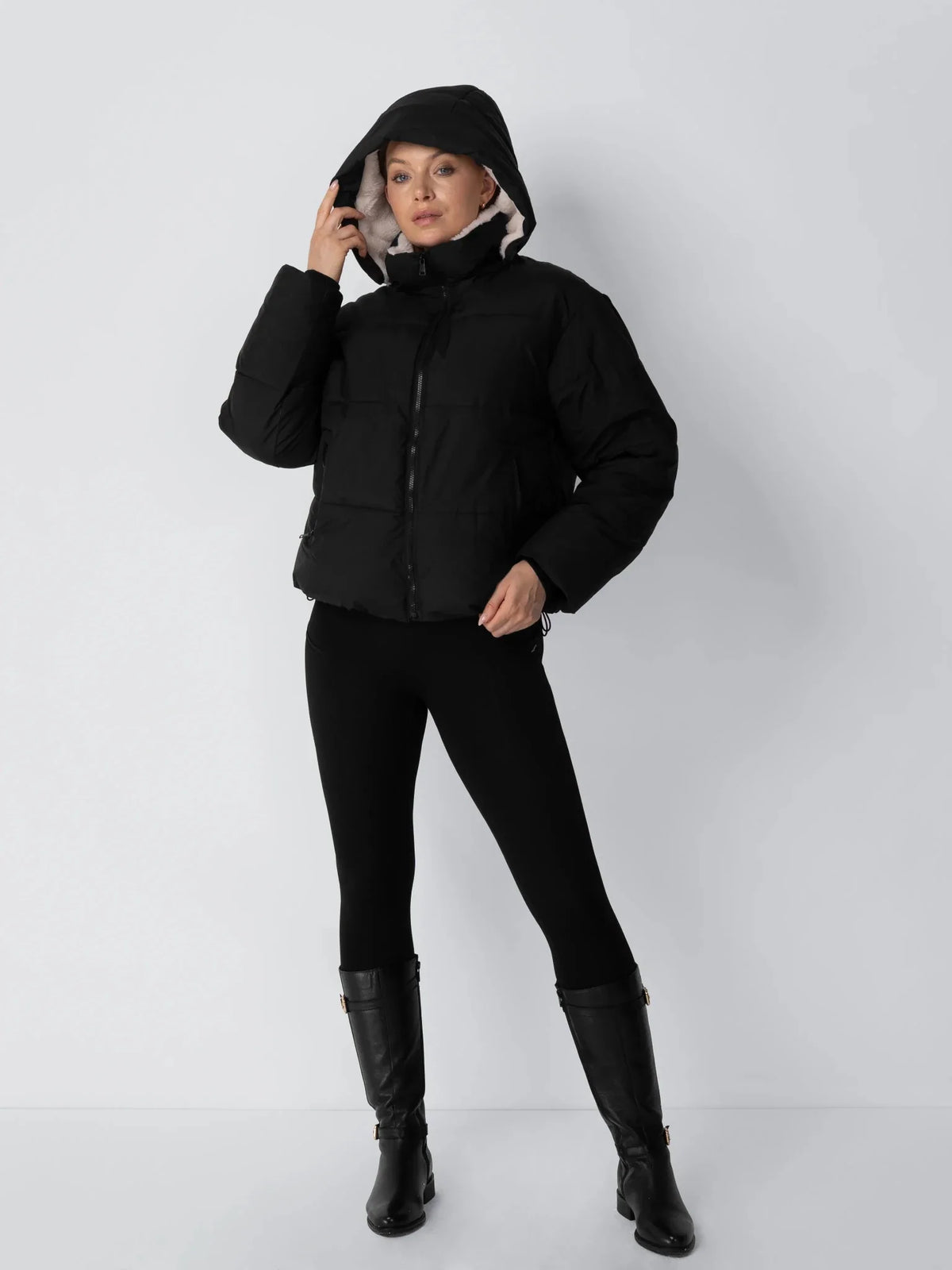 PUFFLT Faux Fur Lined Detachable Hooded Short Puffer Jacket