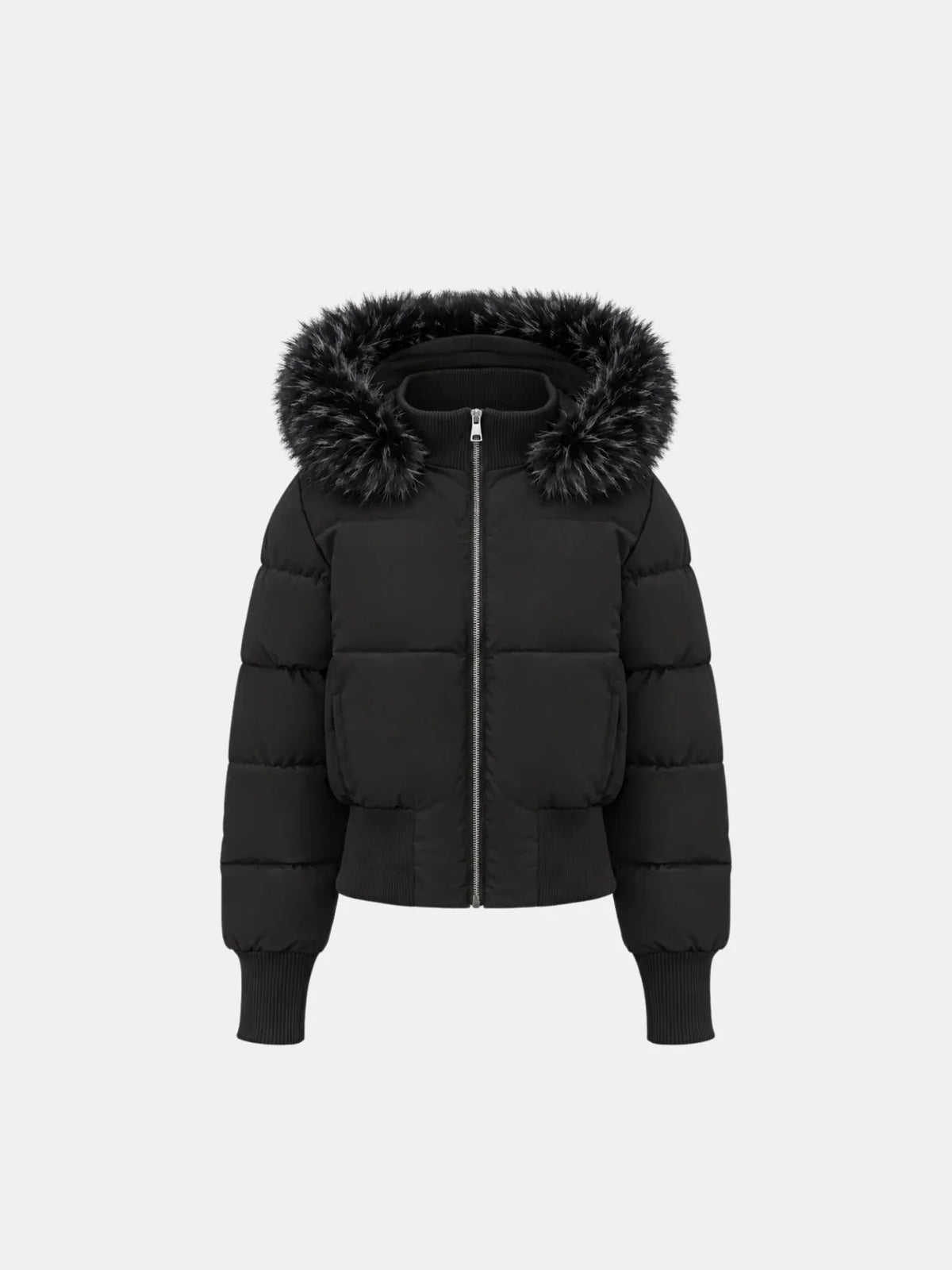 PUFFLT Faux Fur Lined Puffer Bomber With Detachable Hood Trim