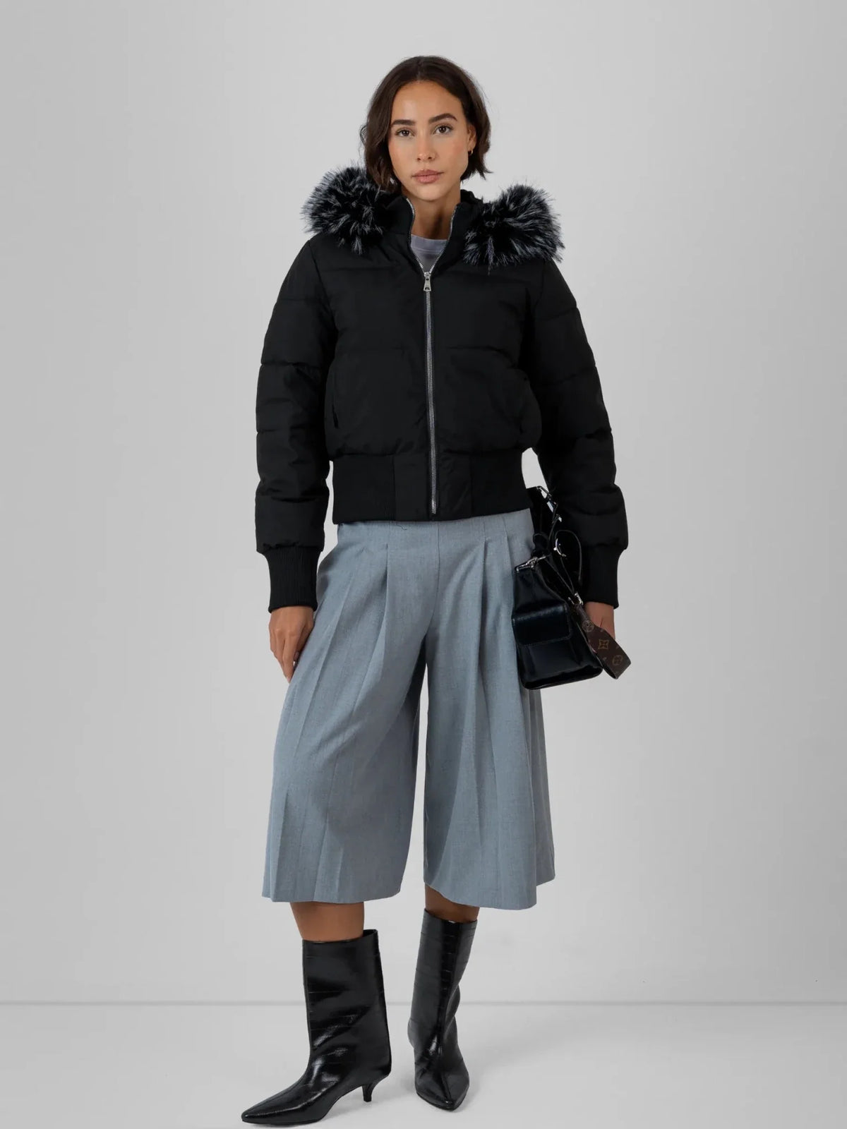 PUFFLT Faux Fur Lined Puffer Bomber With Detachable Hood Trim