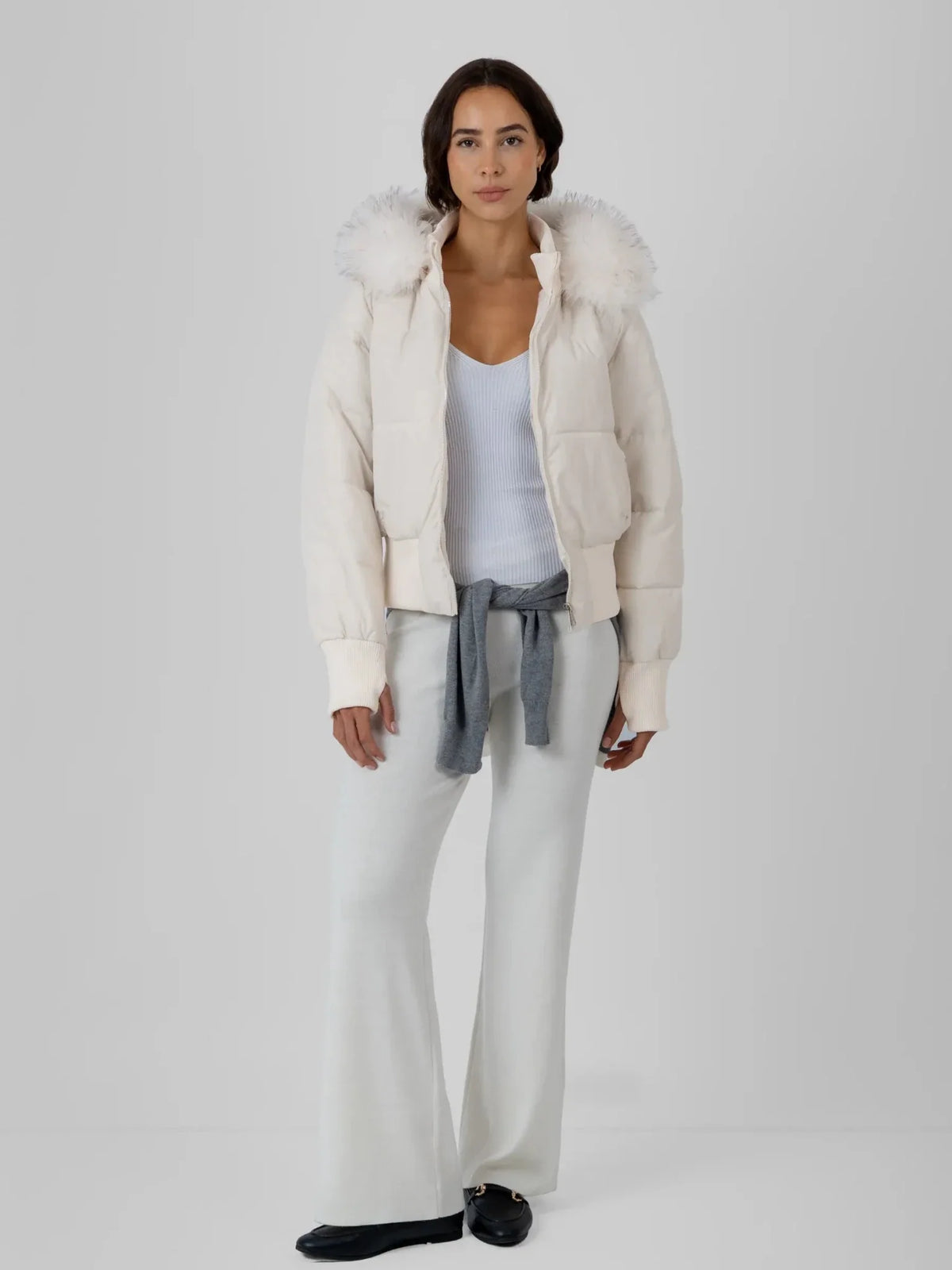 PUFFLT Faux Fur Lined Puffer Bomber With Detachable Hood Trim