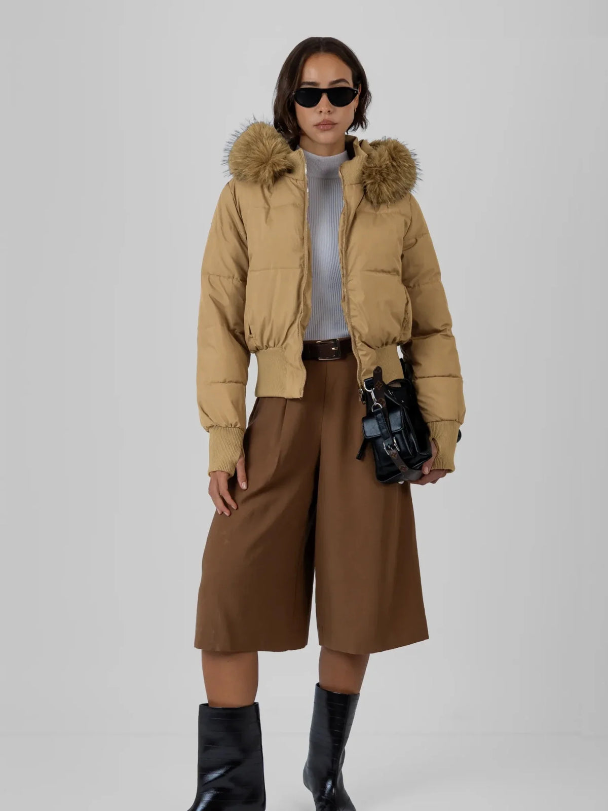 PUFFLT Faux Fur Lined Puffer Bomber With Detachable Hood Trim