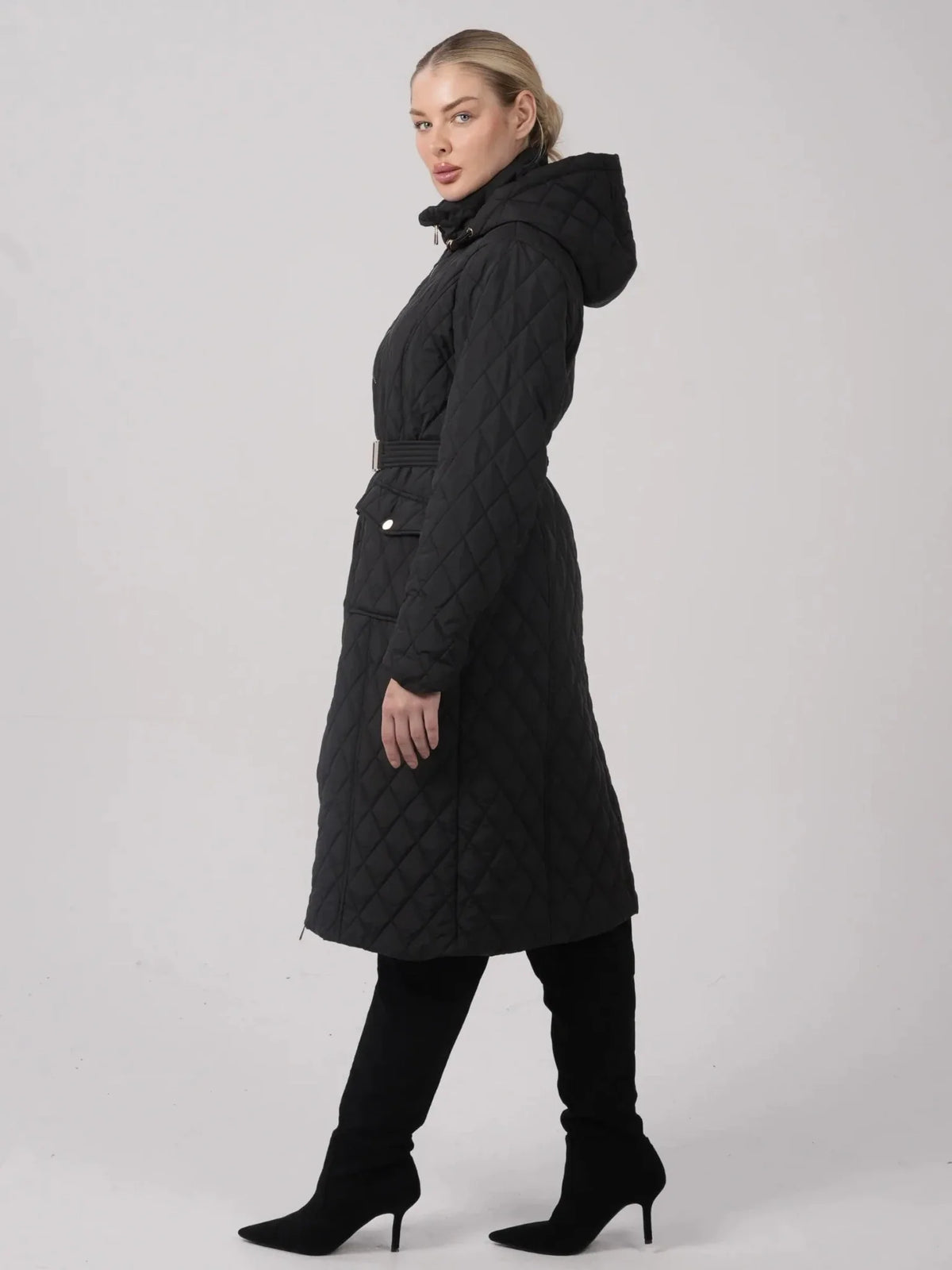 PUFFLT Long Diamond Quilted Belted Puffer