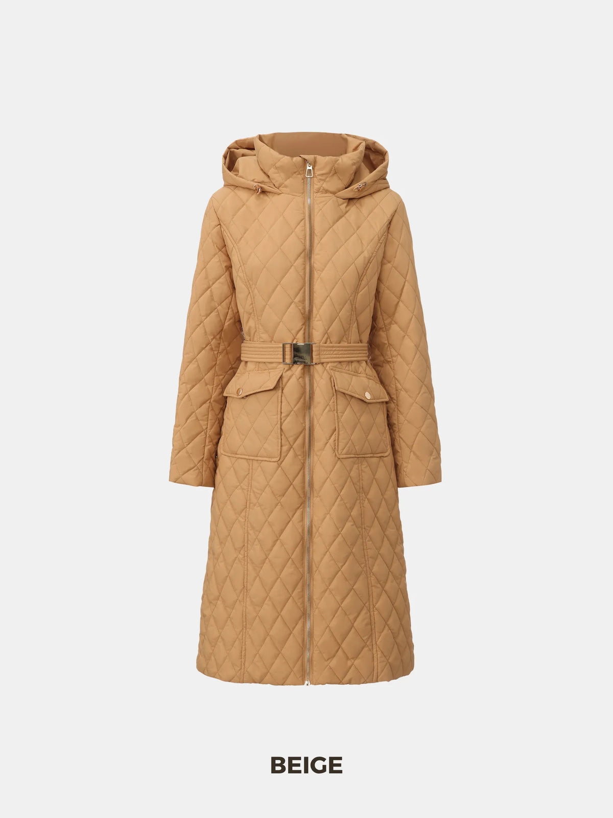 PUFFLT Long Diamond Quilted Belted Puffer