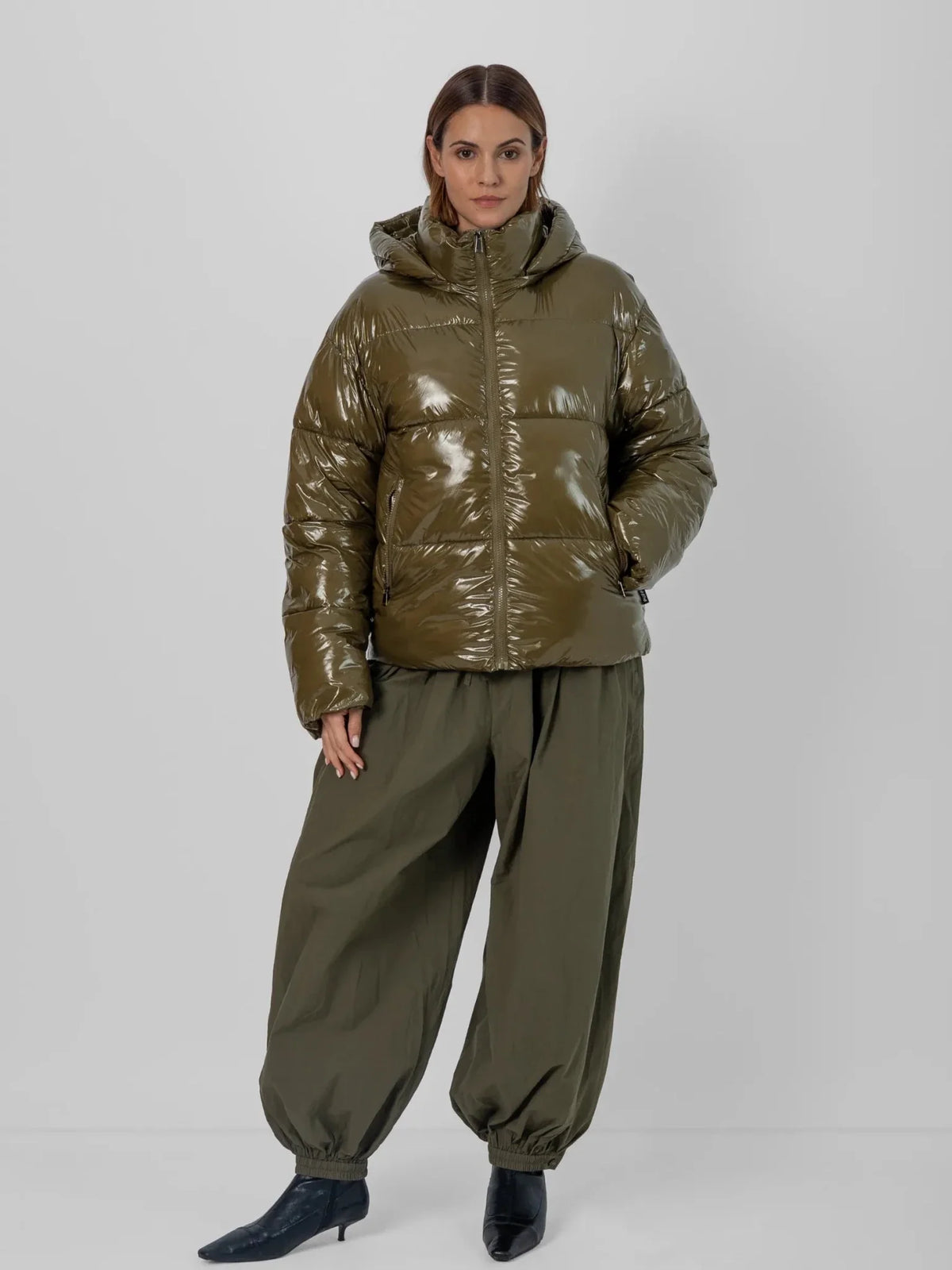 PUFFLT Shiny Green Detachable Hooded Puffer Jacket