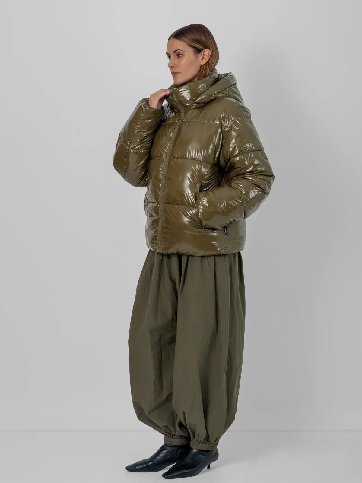 PUFFLT Shiny Green Detachable Hooded Puffer Jacket