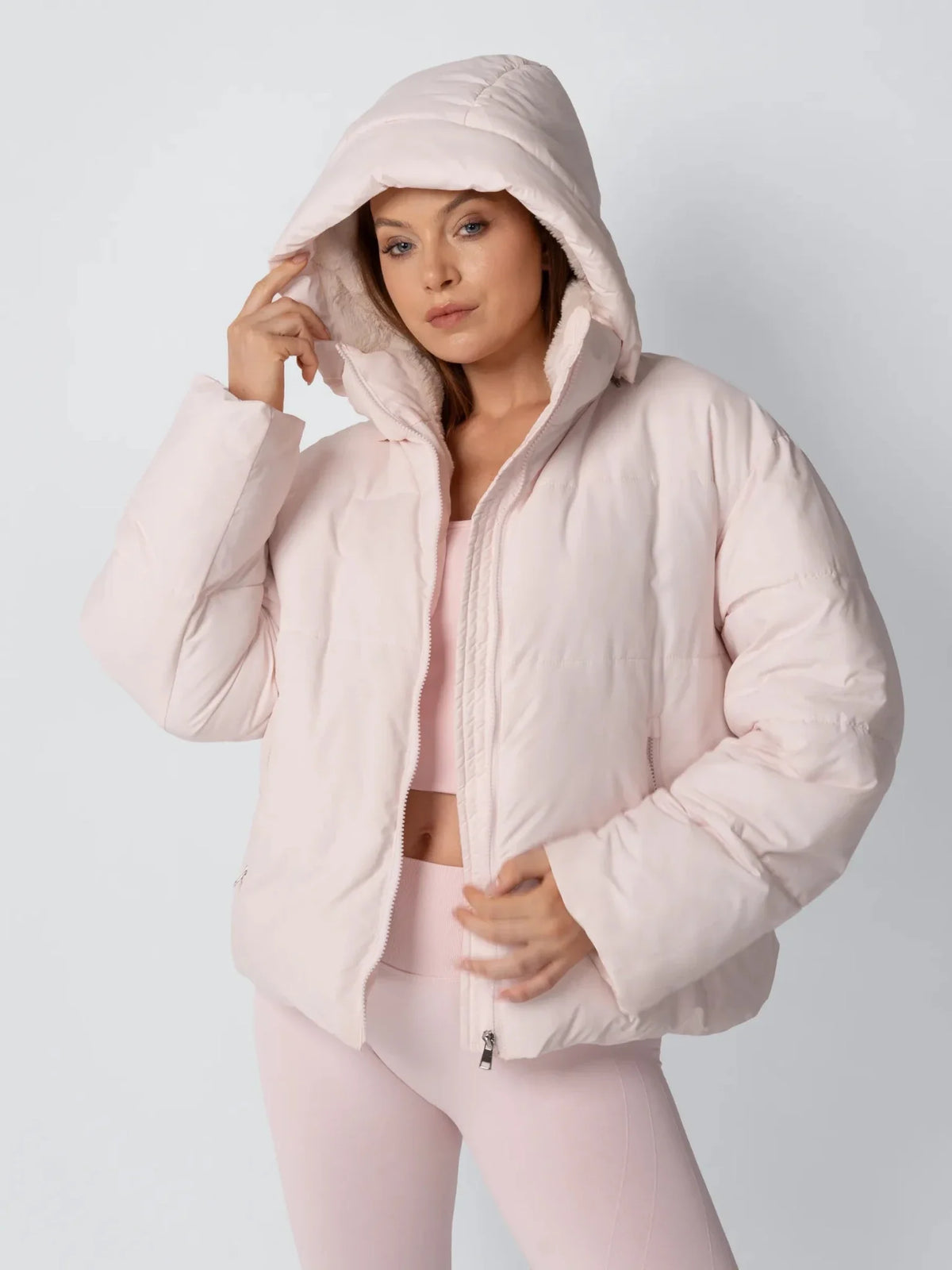 PUFFLT Faux Fur Lined Detachable Hooded Short Puffer Jacket